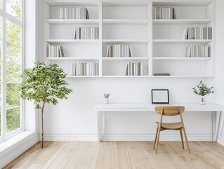 A bright, minimalist officelibrary with builtin white shelves, a small desk, and no clutter, offering a clean and airy workspace