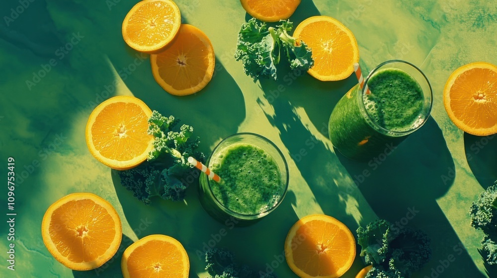 Poster a vibrant display of green smoothies surrounded by fresh oranges and kale on a colorful backdrop.