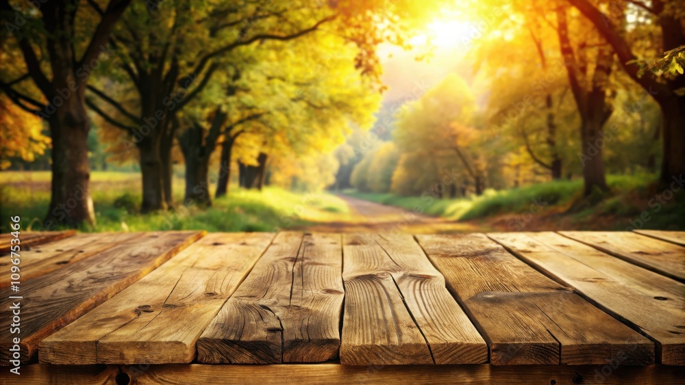 Poster rustic wooden tabletop against a blurred background of golden autumn trees and a sunlit pathway