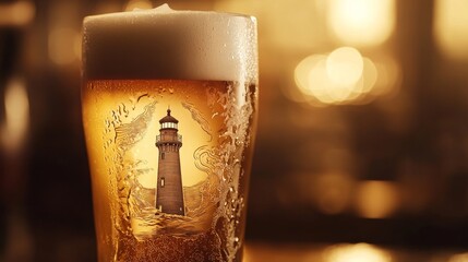 Creative Glass of Beer with Lighthouse Reflection