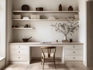 A minimalist libraryoffice featuring builtin shelving, a small desk, and neutral decor for a clean and functional design