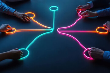 Abstract business meeting with people exchanging colorful ideas represented as glowing lines, idea exchange, innovative collaboration