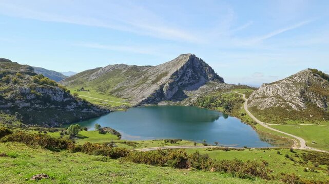 View from the viewpoint of entrelagos in the Lakes of Covadonga. Asturias, Spain.