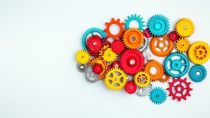 Brightly colored gears interlocking to form a human brain, creative machinery, business and innovation