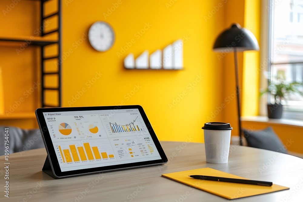 Poster modern workspace with digital tablet displaying business analytics on a stylish table surrounded by 