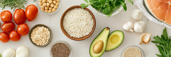 An assortment of avocados, chickpeas, salmon, greens, tomatoes, garlic, and grains create a vibrant display of healthy, fresh ingredients on a white background.