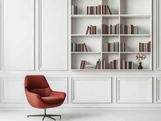 A minimalist officelibrary with monochromatic shelves, a single chair, and clean lines for a polished, clutterfree aesthetic