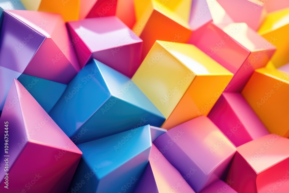 Poster a group of vibrant cubes arranged in a room, suitable for use as a background or decorative element