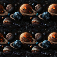 Seamless cosmic background pattern featuring planets and rings in a dark space setting