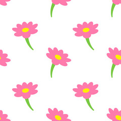 Repeating pattern of pink flowers with yellow centers and green stems on a black background.
