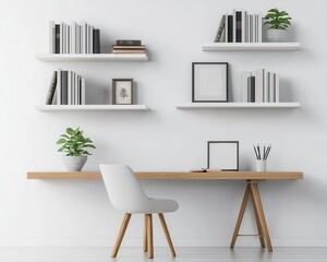 A modern libraryoffice with minimalist white shelves, a small wooden desk, and simple decor for a sleek and uncluttered workspace