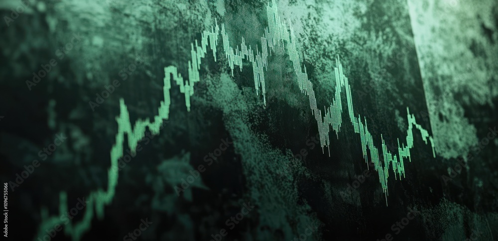 Poster a digital representation of a fluctuating stock market graph.