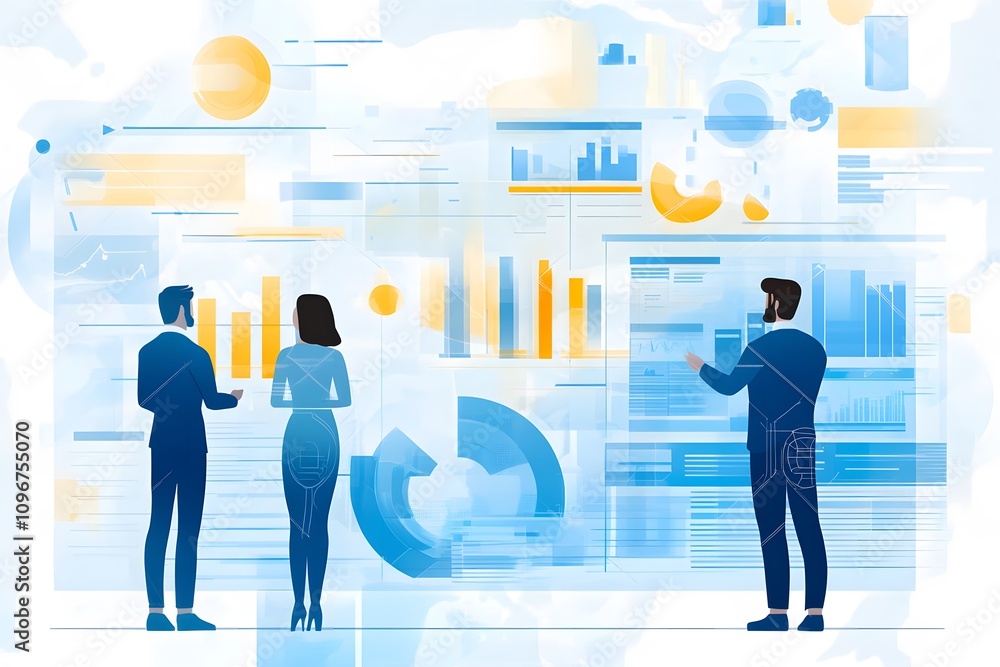 Poster Professionals Analyzing Data Visualizations and Statistics on a Digital Screen in a Modern Office Environment with Abstract Graphical Elements