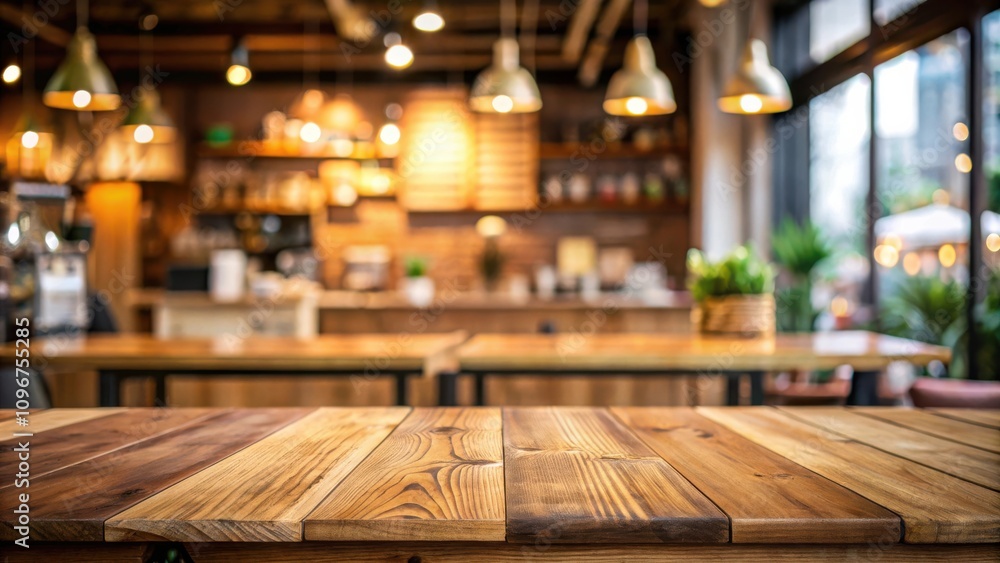 Aufkleber empty wooden table top with blurred background of a cafe with warm lights and shelves