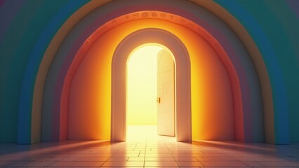 Fototapeta premium An open door surrounded by vibrant rainbow colors, symbolizing inclusivity and welcoming spaces for all individuals regardless of differences.