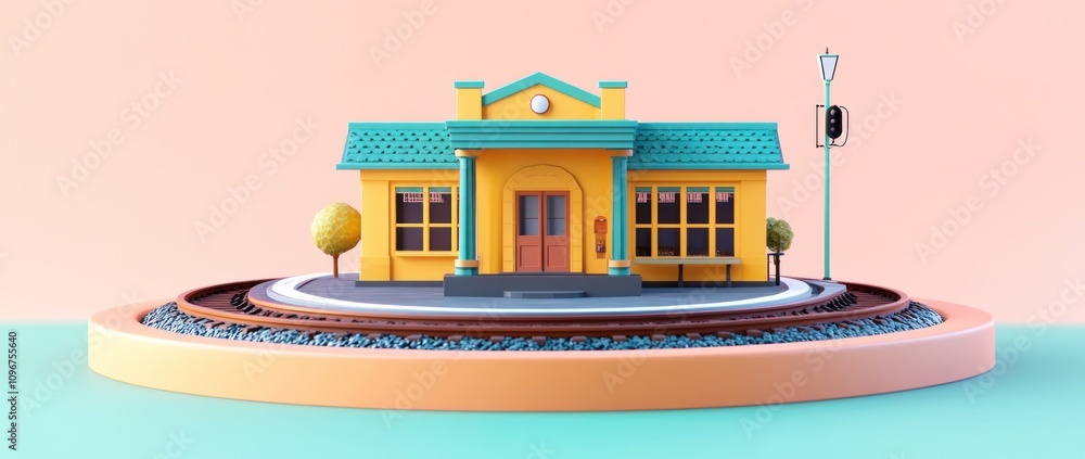 Poster A colorful train station model with trees and tracks on a circular platform.