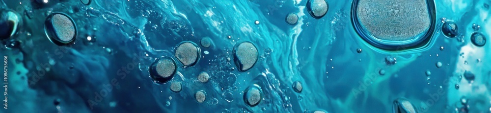 Poster Abstract blue liquid with bubbles creating a mesmerizing visual effect.