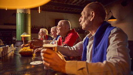 Focus on elderly man in blue scarf sitting at bar with beer, watching soccer game broadcast and discussing. Elderly men, friends sitting near. Sport fans, elderly lifestyle, leisure activity concept
