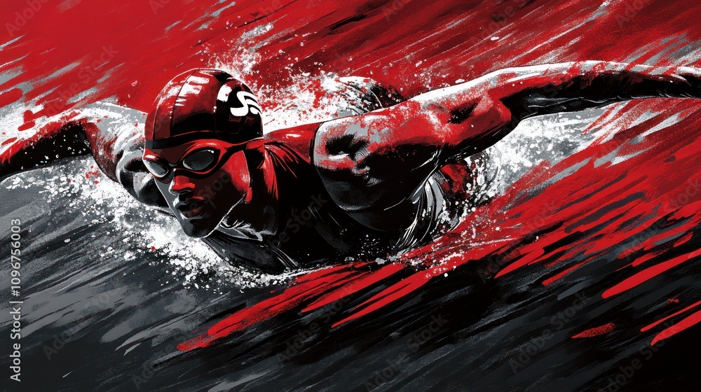 Poster dynamic swimmer in motion, showcasing athleticism and power through bold colors and splashes.