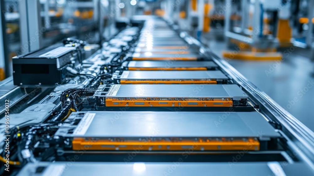 Poster assembly line of battery modules in factory setting