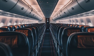 Interior view of an empty airplane cabin with rows of seats and overhead lighting.