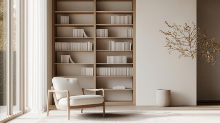 A sleek libraryoffice featuring builtin bookshelves, a minimalist chair, and a neutral color palette for a serene, organized atmosphere