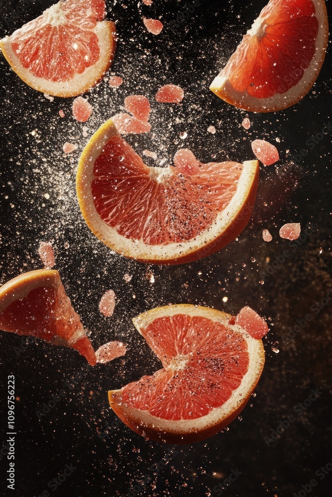 Poster slices of grapefruit surrounded by pink crystals and dust, creating a dynamic visual effect.