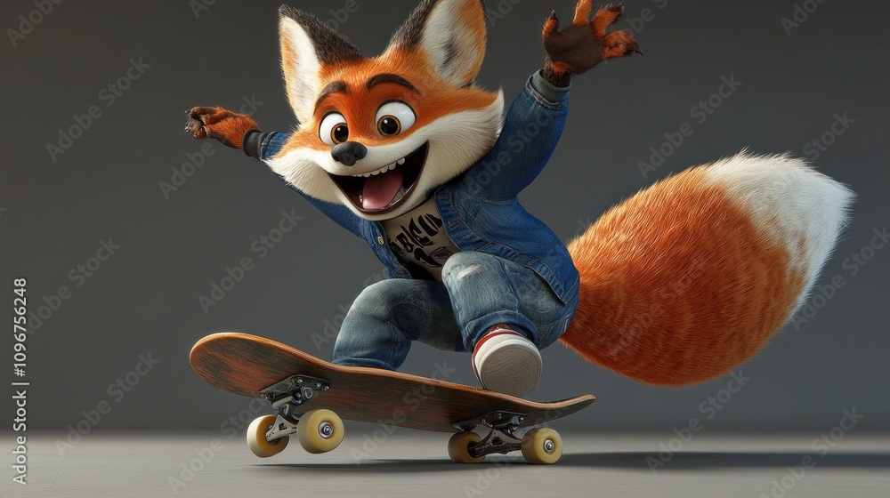 Poster a cartoon fox character skateboarding with a joyful expression and casual attire.