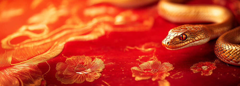 Shiny golden snake on a red background. 2025 New Year of the Snake, Lunar New Year or Chinese New Year. Tet. Zodiac animal character. Copyspace for your text.  Long banner.