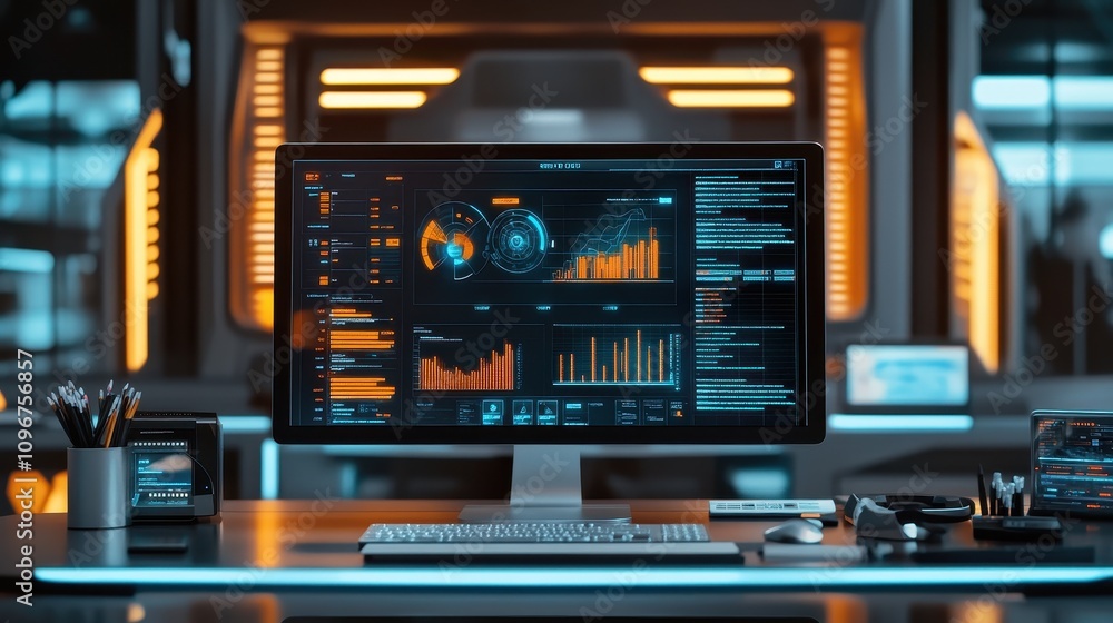 Poster a computer monitor displays a number of graphs and charts