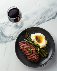 Elegant steak and wine dinner setup dining table food photography minimalist atmosphere topdown view culinary delight