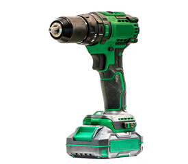 Green drill with rechargeable battery isolated white background