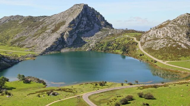 View from the viewpoint of entrelagos in the Lakes of Covadonga. Asturias, Spain.