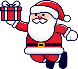 Santa Claus holding a red gift box with a white ribbon and bow, dressed in a red suit with white trim, black belt with yellow buckle, and red hat with white pom-pom.
