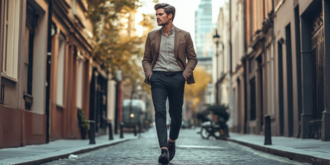 A fashionable man in a blazer struts confidently down a cobblestone street lined with classic...