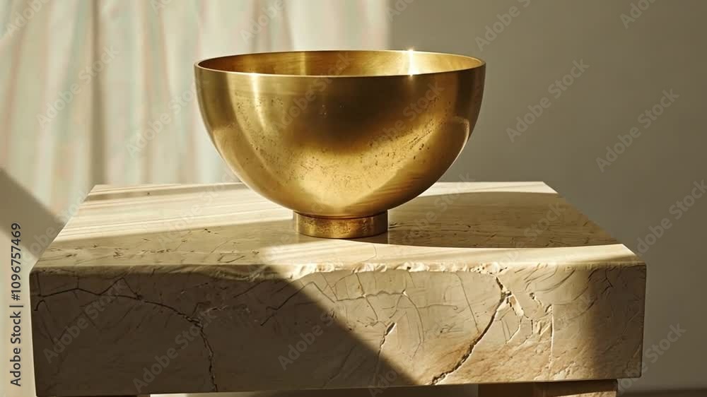 Poster a beautifully crafted brass bowl is positioned on a stone pedestal, illuminated by natural light. th