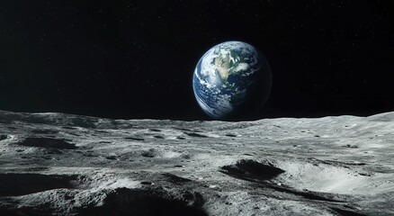 A view of Earth from the Moon. The Earth is seen in space with stars in the background. 