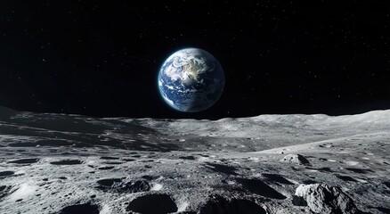 A view of Earth from the Moon. The Earth is seen in space with stars in the background. 
