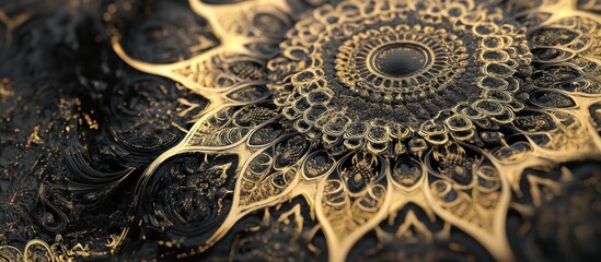 Luxury black and gold ornament with an intricate mandala pattern, symmetrical design 