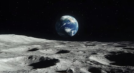 A view of Earth from the Moon. The Earth is seen in space with stars in the background. 