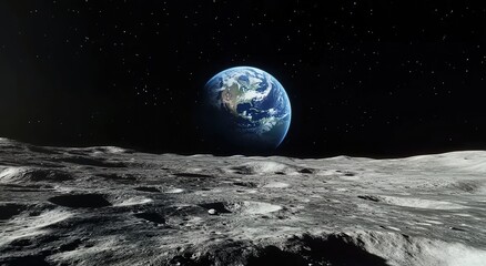 A view of Earth from the Moon. The Earth is seen in space with stars in the background. 