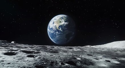 A view of Earth from the Moon. The Earth is seen in space with stars in the background. 