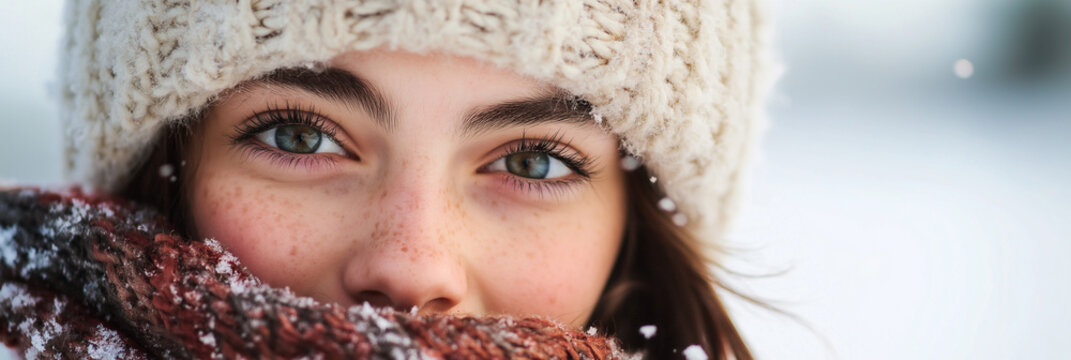 A close-up of a woman wearing a knitted hat and scarf in snowy weather, her eyes sparkling as she smiles warmly, capturing the essence of winter coziness and joy.