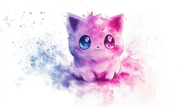 Cute and adorable baby Jigglypuff from Pok&Atilde;&copy;mon, white background, painted in watercolor style, ombre pink to purple color palette with sparkling 