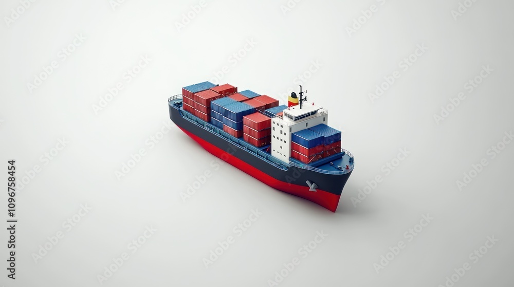 Poster a 3d model of a cargo ship loaded with colorful shipping containers.