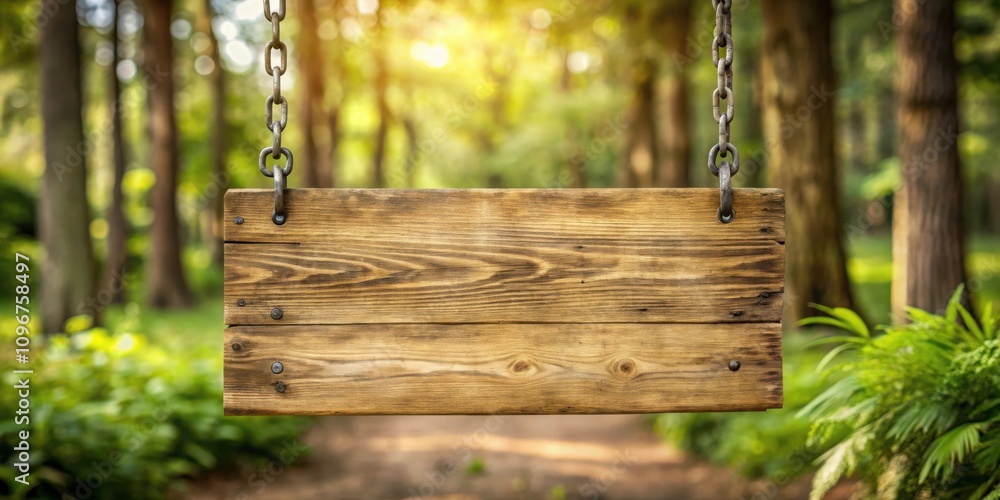 Aufkleber A rustic wooden sign hangs from a metal chain in a forest, offering a blank canvas for a message