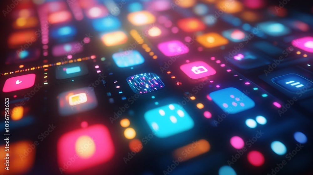 Poster colorful app icons on a digital interface.