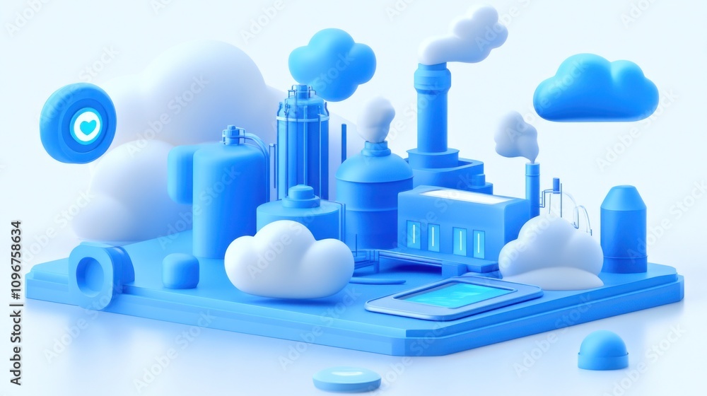 Poster a 3d representation of an industrial scene with factories and clouds in blue tones.