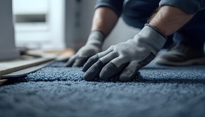 A man is working on laying new gray-blue carpet in the house. The professional worker is wearing workwear and gloves, laying carpet tiles at home.