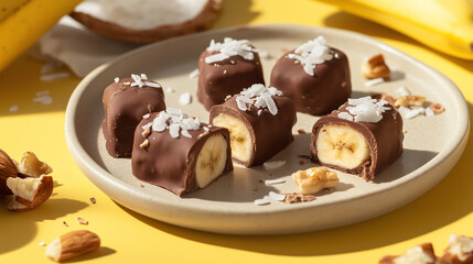 A tempting arrangement of chocolate-covered banana bites, garnished with coconut flakes, lying on a beige plate, invitingly set against a bright yellow backdrop.